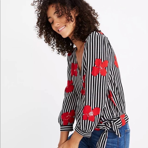 Madewell stripped black and white wrapped blouse with candied orchards - Picture 2 of 4
